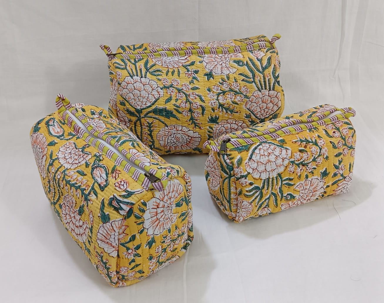 Geetanjali Quilted Toiletry Organizer Set – Stylish Block Printed Travel Pouches (3 Pieces)