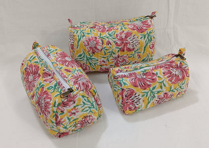 Geetanjali Quilted Toiletry Organizer Set – Stylish Block Printed Travel Pouches (3 Pieces)