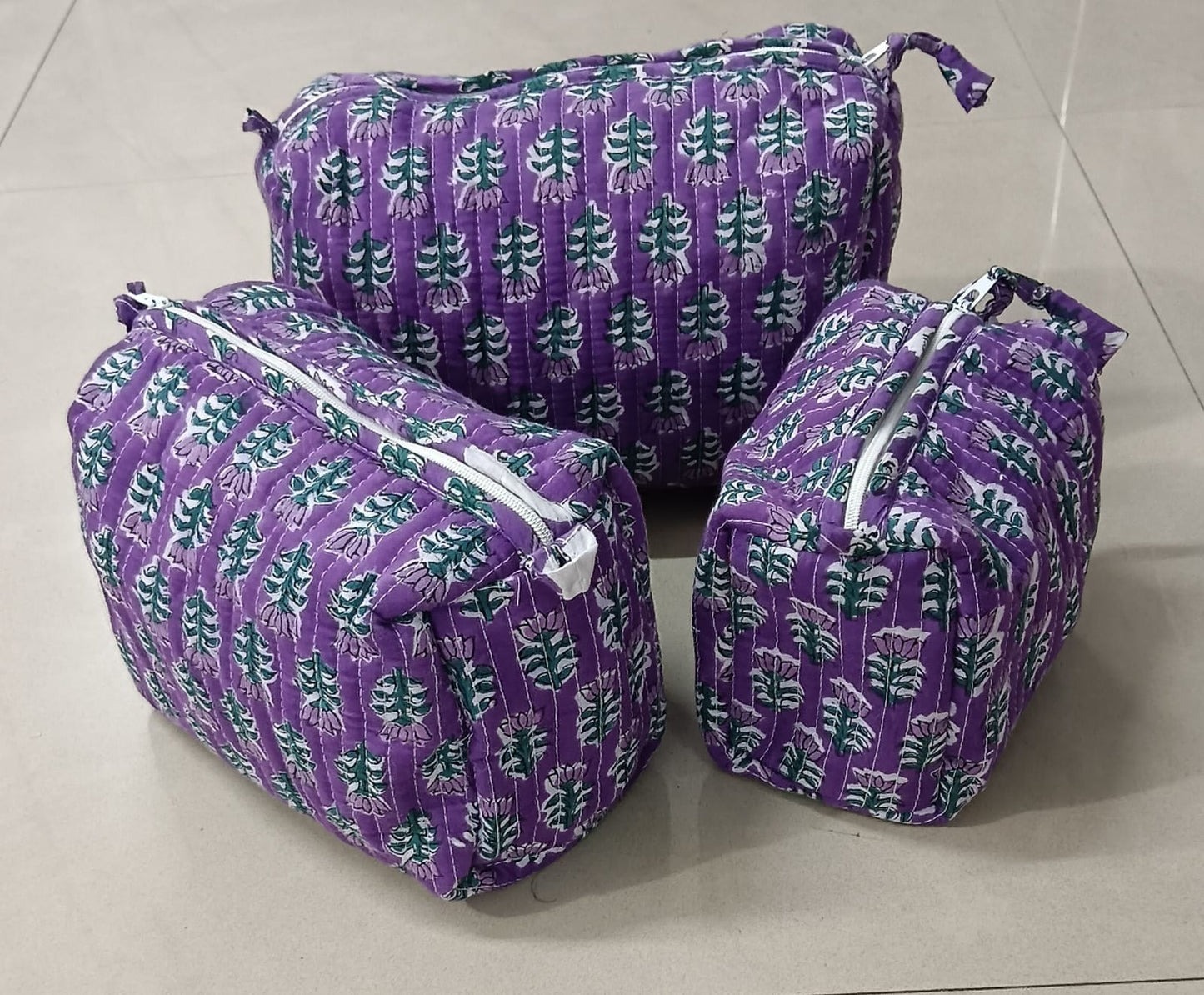 Geetanjali Quilted Toiletry Organizer Set – Stylish Block Printed Travel Pouches (3 Pieces)