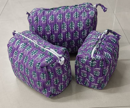 Geetanjali Quilted Toiletry Organizer Set – Stylish Block Printed Travel Pouches (3 Pieces)