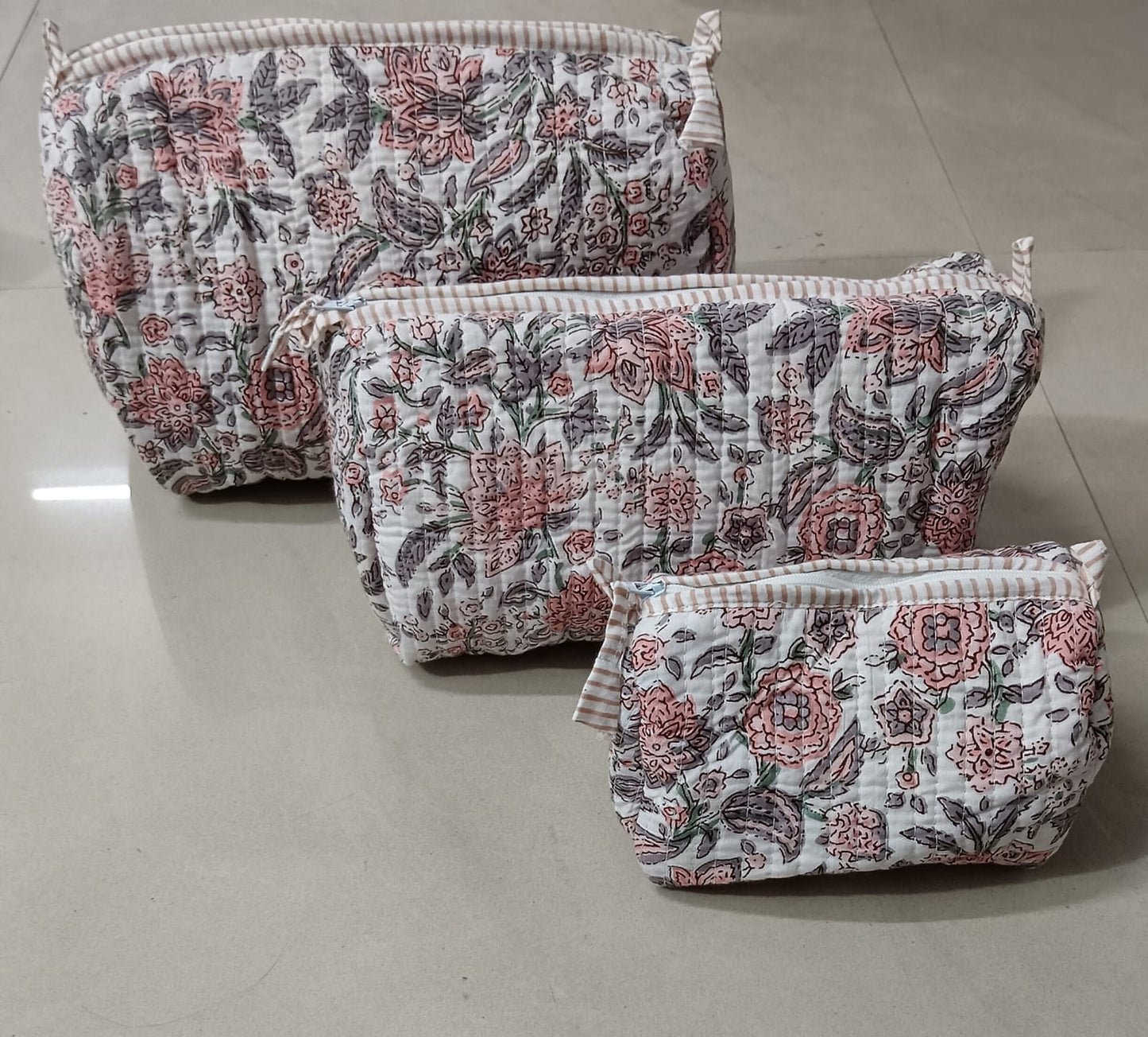 Geetanjali Quilted Toiletry Organizer Set – Stylish Block Printed Travel Pouches (3 Pieces)