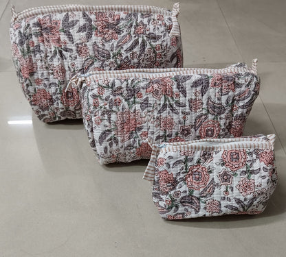 Geetanjali Quilted Toiletry Organizer Set – Stylish Block Printed Travel Pouches (3 Pieces)