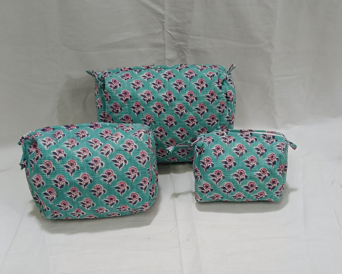 Geetanjali Quilted Toiletry Organizer Set – Stylish Block Printed Travel Pouches (3 Pieces)