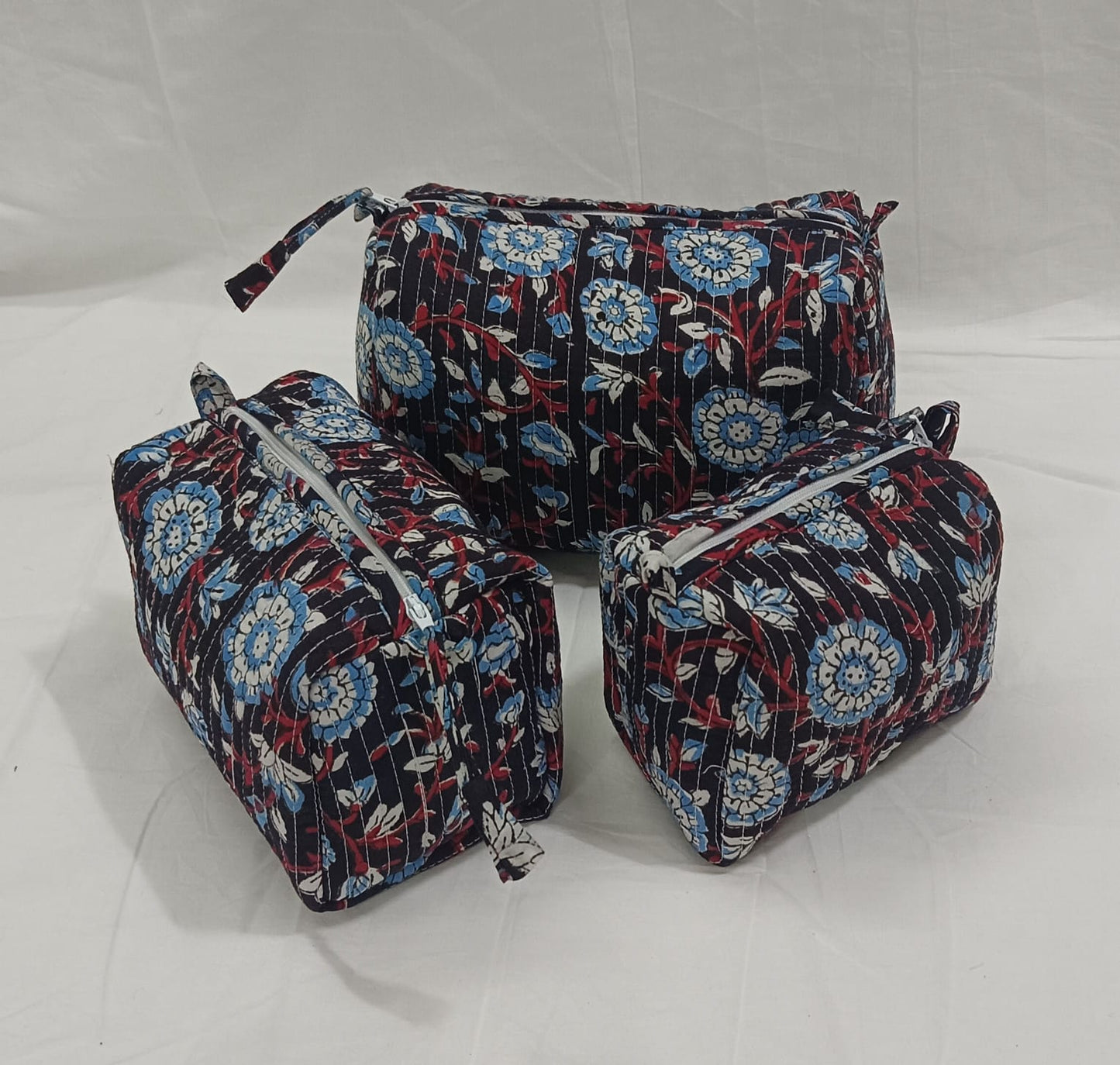 Geetanjali Quilted Toiletry Organizer Set – Stylish Block Printed Travel Pouches (3 Pieces)