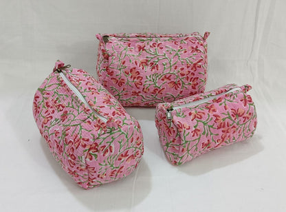 Geetanjali Quilted Toiletry Organizer Set – Stylish Block Printed Travel Pouches (3 Pieces)