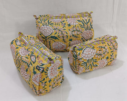 Geetanjali Quilted Toiletry Organizer Set – Stylish Block Printed Travel Pouches (3 Pieces)