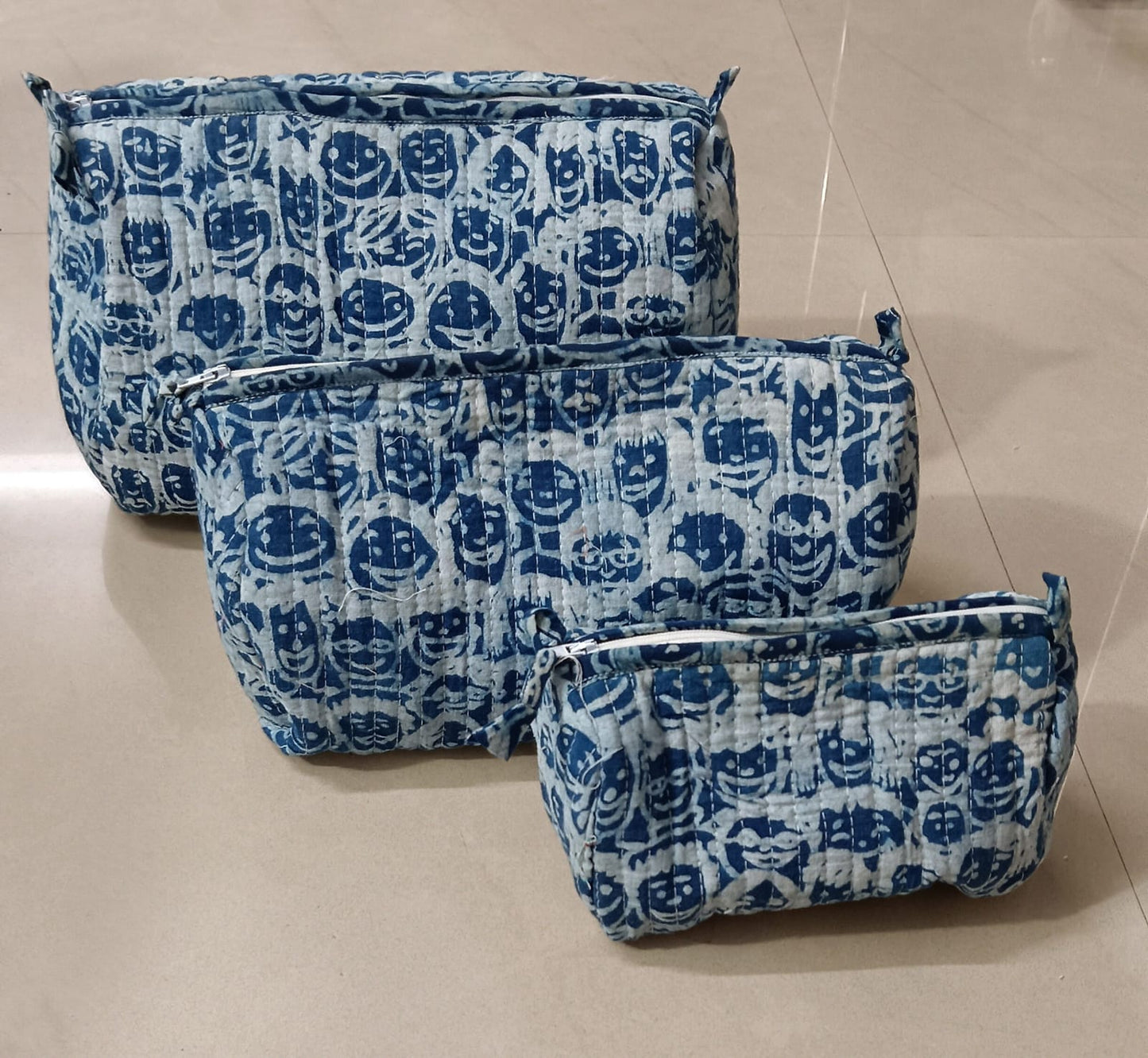 Geetanjali Quilted Toiletry Organizer Set – Stylish Block Printed Travel Pouches (3 Pieces)