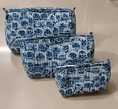 Geetanjali Quilted Toiletry Organizer Set – Stylish Block Printed Travel Pouches (3 Pieces)